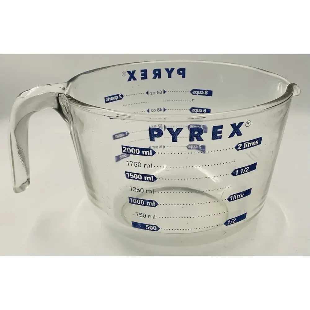 PYREX 8-Cups 64oz 2 Quarts Blue Lettering Glass Measuring Cup USA